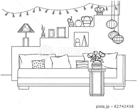 Sketch a cozy living room in boho style. Sketch a cozy living room in boho style. 62742438