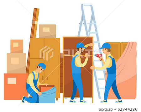 Loaders Unpacking Goods and Furniture in House 62744236