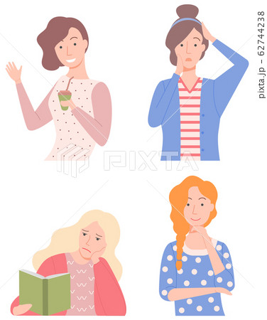 Woman Drinking Coffee, Lady Reading Books Set 62744238