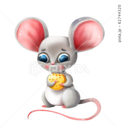 Cute cartoon mouse holds cheese on a white background Cute cartoon mouse holds cheese on a white background 62744320