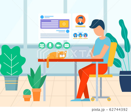 Business Workplace with Computer and Cat Vector Business Workplace with Computer and Cat Vector 62744392