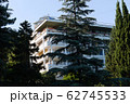 The tall building of the hotel is seen between the 62745533