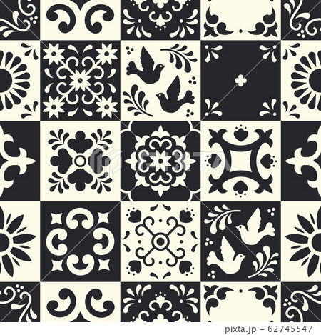 Mexican talavera seamless pattern. Ceramic tiles with flower, leaves and bird ornaments in traditional majolica style from Puebla. Mexico floral mosaic in classic black and white. Folk art design. Mexican talavera seamless pattern. Ceramic tiles with flower, leaves and bird ornaments in traditional majolica style from Puebla. Mexico floral mosaic in classic black and white. Folk art design. 62745547
