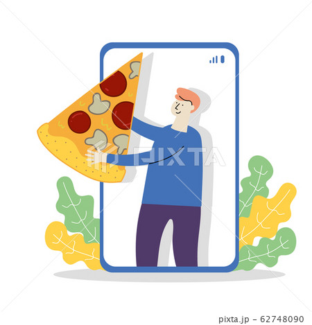 Girl holds pizza in phone vector illustration 62748090