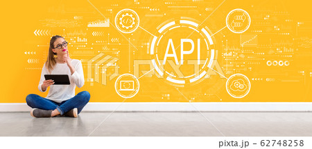 API - application programming interface concept with woman using a tablet API - application programming interface concept with woman using a tablet 62748258