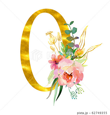 Elegant summer decorated floral numbers. Golden digit 0 with a watercolor bouquet. Element for design 62749355