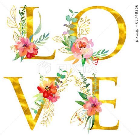 Golden classical form letters L O V E decorated with watercolor flowers and leaves, isolated on white background. Luxury unique design for wedding invitations, posters, cards, home decoration Golden classical form letters L O V E decorated with watercolor flowers and leaves, isolated on white background. Luxury unique design for wedding invitations, posters, cards, home decoration 62749356