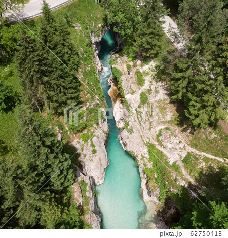 Aerial view over Soca river in Triglav National Park, Slovenia 62750413