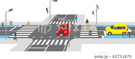 左側通行の道路の自動車や歩行者の風景.ベクター素材 62751670