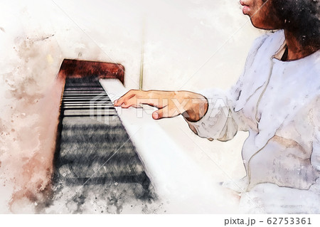 Kid girl hand playing keyboard of the piano foreground Watercolor painting background. 62753361