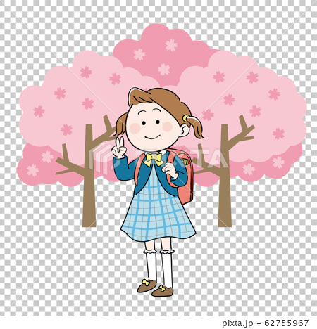 こども 女の子 一年生 入学式 ランドセル 桜のイラスト素材
