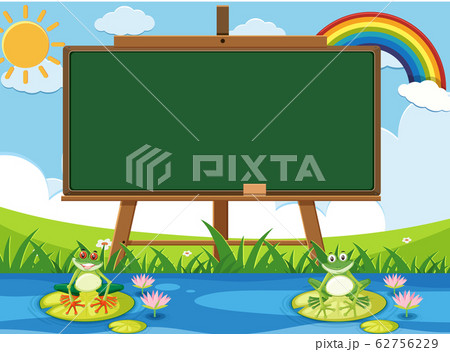 Scene with blank sign and two happy frogs in the 62756229