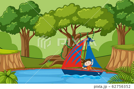 Background scene with little boy sailing boat in 62756352