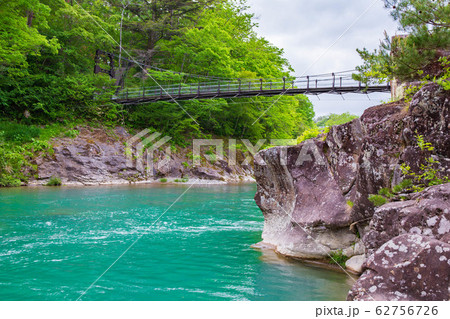 岩手一関の春　新緑の厳美渓　吊り橋 62756726