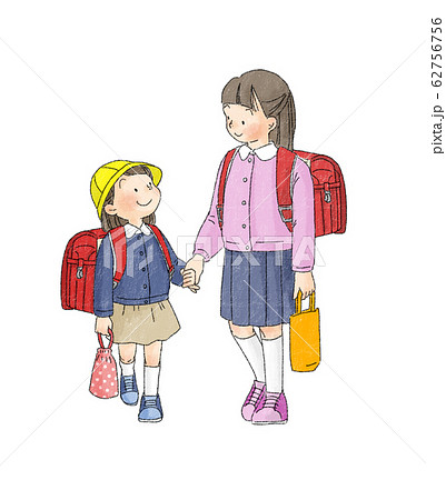 小学生 手をつないで登校する姉妹 １年生 のイラスト素材