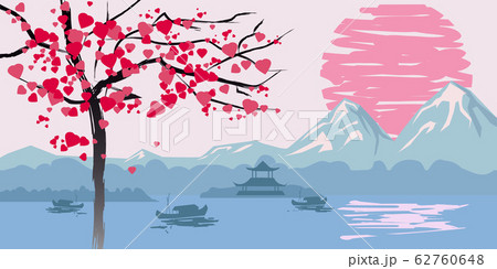 Chinese traditional or Japanese landscape, with pagoda and mountains, flowering tree hearts, sunset sea fisherman boats, silhouettes. Isolated illustration vector Chinese traditional or Japanese landscape, with pagoda and mountains, flowering tree hearts, sunset sea fisherman boats, silhouettes. Isolated illustration vector 62760648