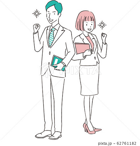 手描き1color スーツの男女 ガッツポーズ全身 ピンクとエメラルドグリーンのイラスト素材