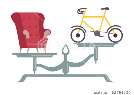 Armchair is on One Side of Scale, Bicycle on the Other, Scales with Bad and Good Habits, Choosing Between Healthy and Unhealthy Lifestyle Flat Vector Illustration 62761230