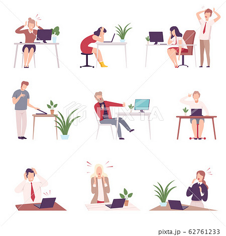 People Looking Scared into Computer Screen Set, Young Men and Women Sitting at the Desk Working PC Flat Vector Illustration 62761233