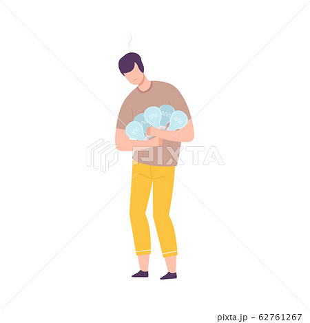 Depressed Businessman Character Having No Ideas, Unsuccessful Person Holding Off Light Bulbs Flat Vector Illustration 62761267