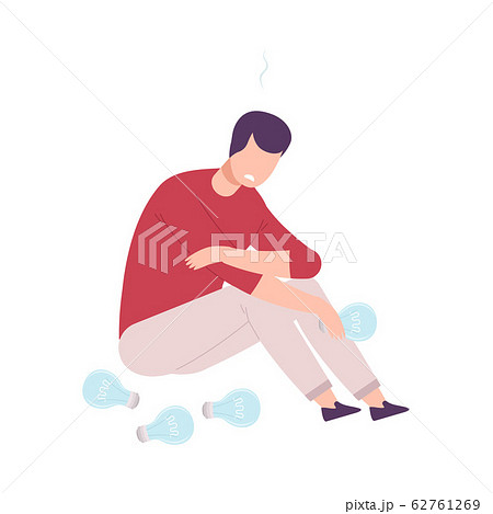 Depressed Businessman Character Having No Idea, Unsuccessful Person Feeling Stress, Business Fail Flat Vector Illustration 62761269