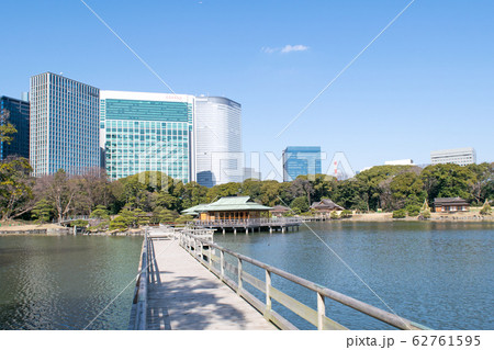 東京都　浜離宮恩賜庭園　大泉水とビル群 62761595