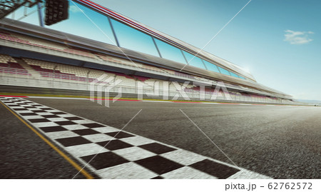 Wide angle view empty asphalt international race track with start and finish line , motion blur effect apply . 62762572
