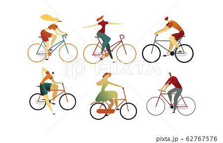 People Wearing Casual and Sportive Wear Riding Bikes Vector Set 62767576