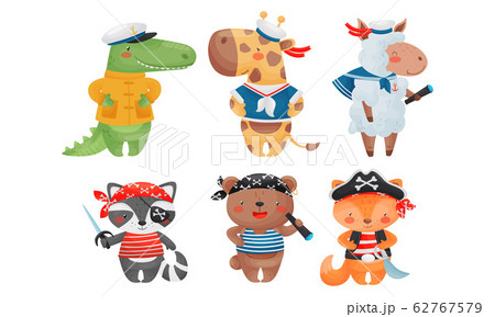Funny Animals Sailors and Pirates Wearing Striped Vest and Bandana with Crossed Bones Vector Set 62767579
