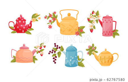 Ornamental Teapots with Flowers and Twigs Peeped out From Spouts Vector Set 62767580