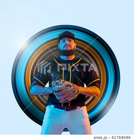 Baseball player, pitcher in a black uniform, modern design in neon Baseball player, pitcher in a black uniform, modern design in neon 62768086
