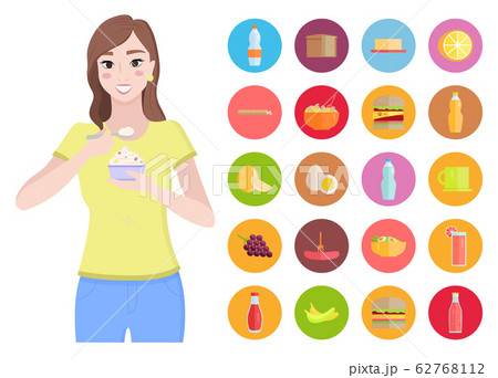 Woman Eat Cake, Healthy Food, Fruit and Vegetable Woman Eat Cake, Healthy Food, Fruit and Vegetable 62768112