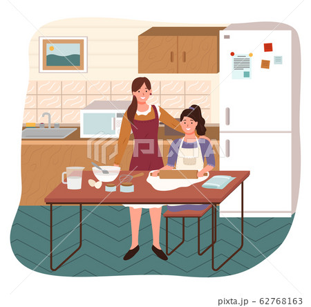 Mom and Daughter Rolling Dough in Kitchen Vector 62768163