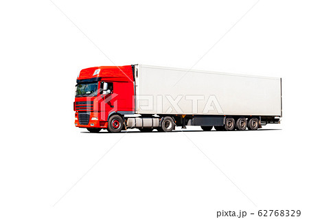 Truck with red cab and open body on white 62768329