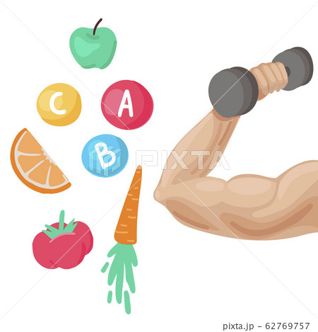 Strong male muscle arm holding dumbbell and healthy food. Vector illustration Strong male muscle arm holding dumbbell and healthy food. Vector illustration 62769757