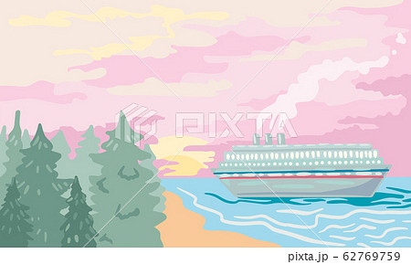 Cruise ship near the shore on a sunset background. Vector illustration 62769759