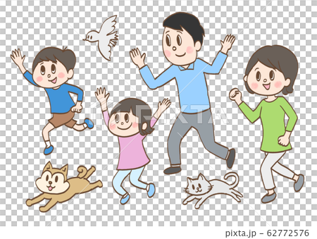 A family running with a smile, a dog, a cat and a bird 62772576