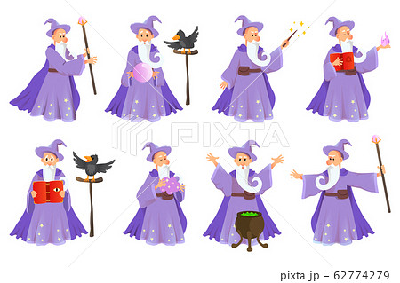 Cartoon old wizard in various poses.  62774279