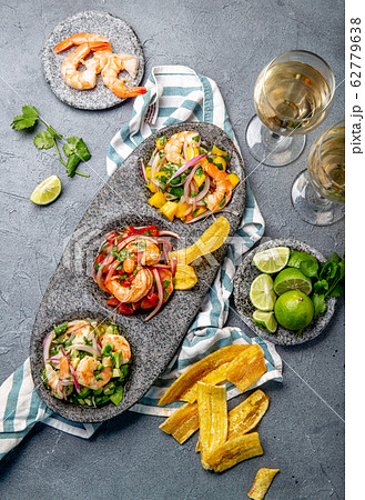 CEVICHE. Three colorful shrimps ceviche with 62779638