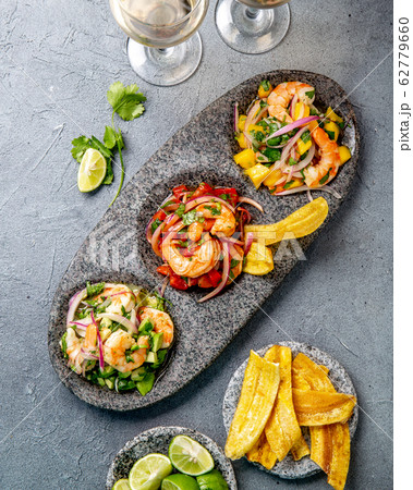 CEVICHE. Three colorful shrimps ceviche with 62779660