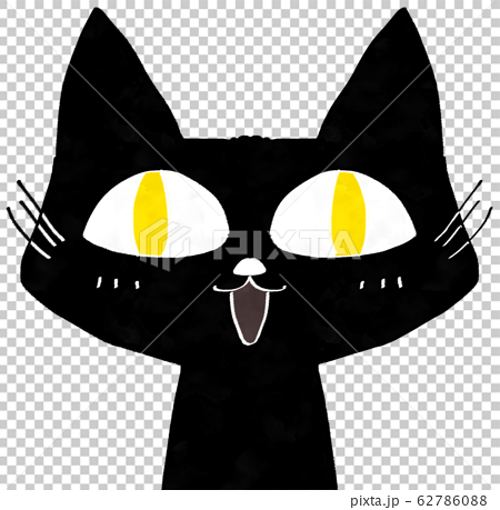 目を見開いている嬉しそうな黄色い目の黒猫のイラスト素材