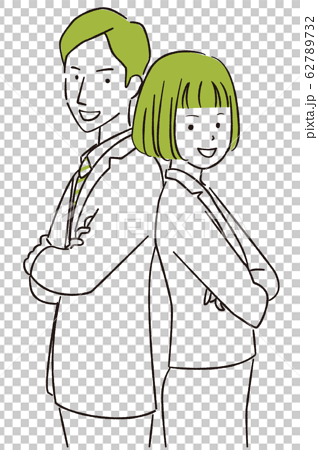 手描き1color スーツの男女 背中合わせで腕組みのイラスト素材