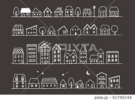 手描きの街並みイラスト 黒背景 のイラスト素材