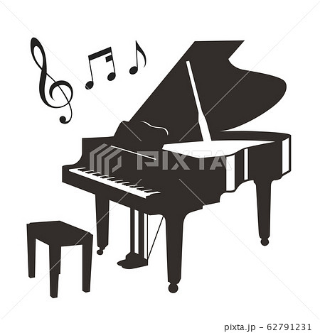 グランドピアノと音符の可愛いおしゃれなシルエット素材のイラスト素材