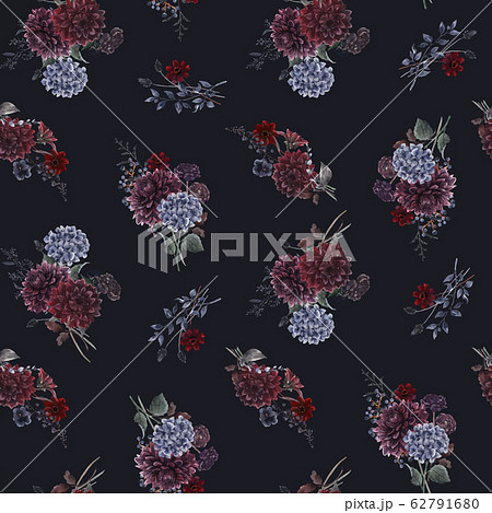 Beautiful vector seamless pattern with watercolor dark blue, red and black dahlia hydrangea flowers. Stock illustration. Beautiful vector seamless pattern with watercolor dark blue, red and black dahlia hydrangea flowers. Stock illustration. 62791680