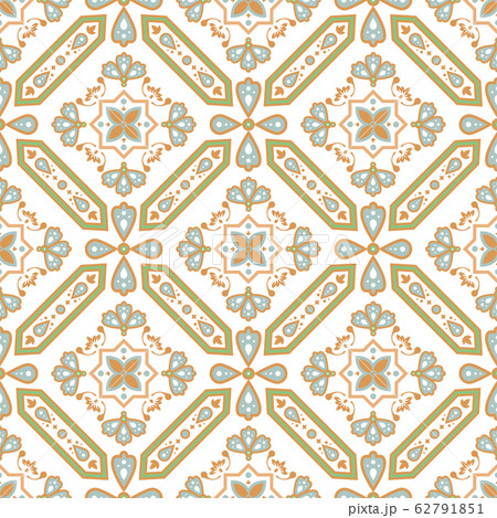 Decorative tile seamless pattern. Mediterranean ceramic tiles design with rhombuses shapes and swirls. Decorative tile seamless pattern. Mediterranean ceramic tiles design with rhombuses shapes and swirls. 62791851