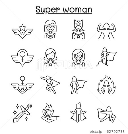 Super woman icon set in thin line style 62792733