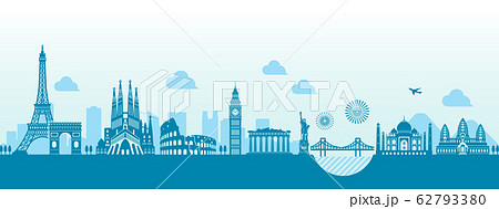世界の有名な建築物 世界遺産 ランドマーク 横並び風景イラスト のイラスト素材