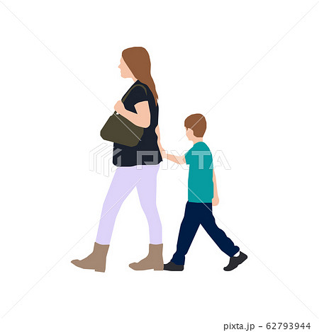 歩いている人物 歩行者 全身 横向き シルエットイラスト お母さんと子供のイラスト素材