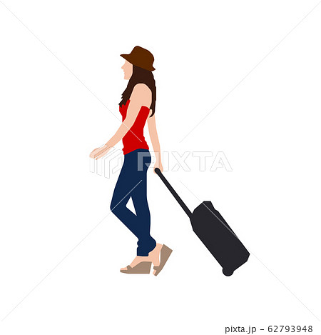 歩いている人物 歩行者 全身 横向き シルエットイラスト カバンを転がす旅行者 女性 のイラスト素材